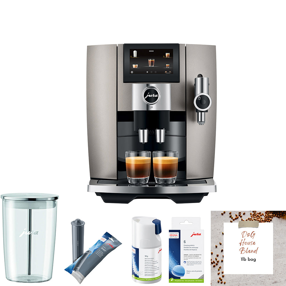 Jura J8 Midnight Silver Coffee Machine Bundle with Coffee Beans and Accessories