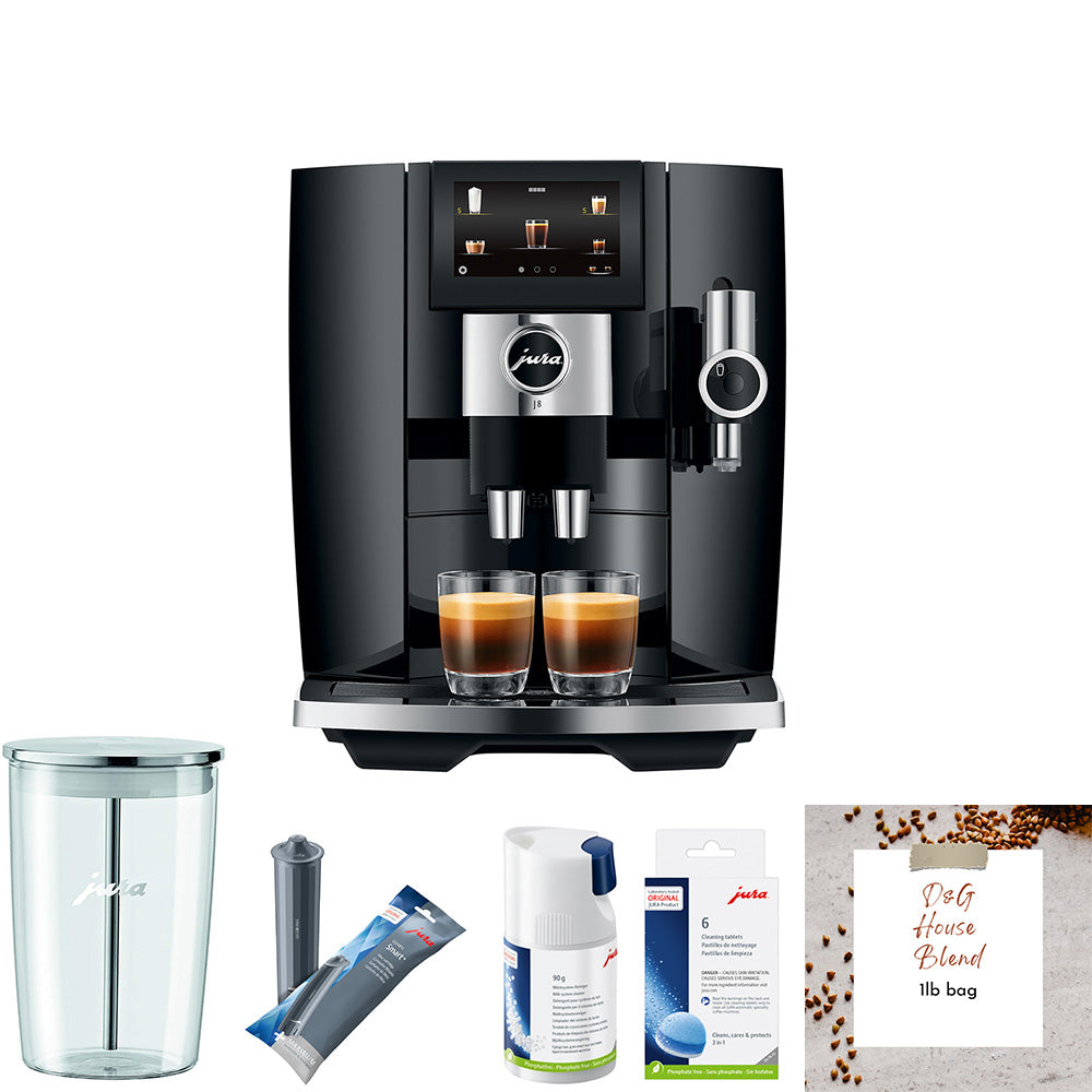 Jura J8 Piano Black Coffee Machine Bundle with Coffee Beans and Accessories