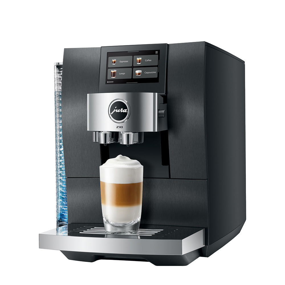 Jura Z10 Gen 2 in Aluminum Black, angled view, with a latte macchiato