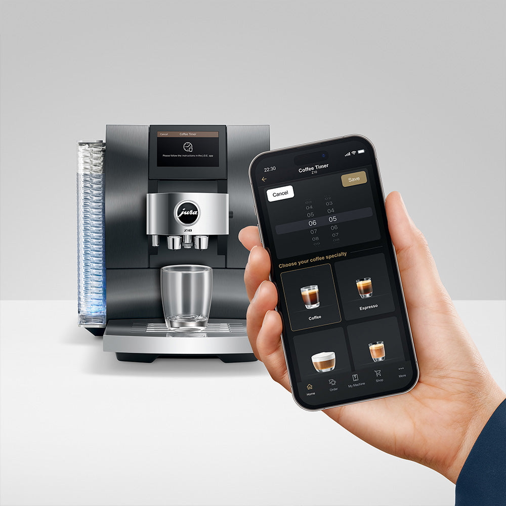 Jura Z10 Gen 2 Aluminum Black with the J.O.E. app on a phone