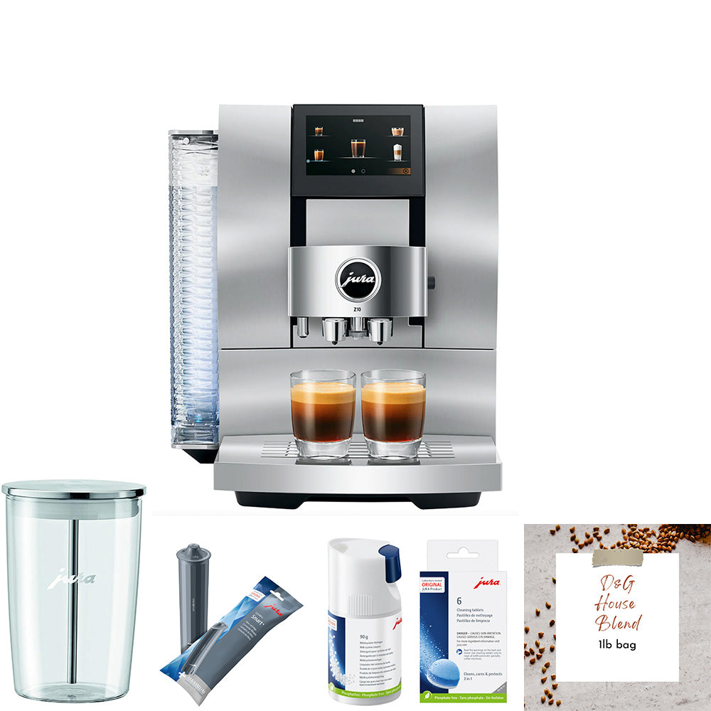 Jura Z10 Aluminum White Coffee Machine Bundle with Coffee Beans and Accessories