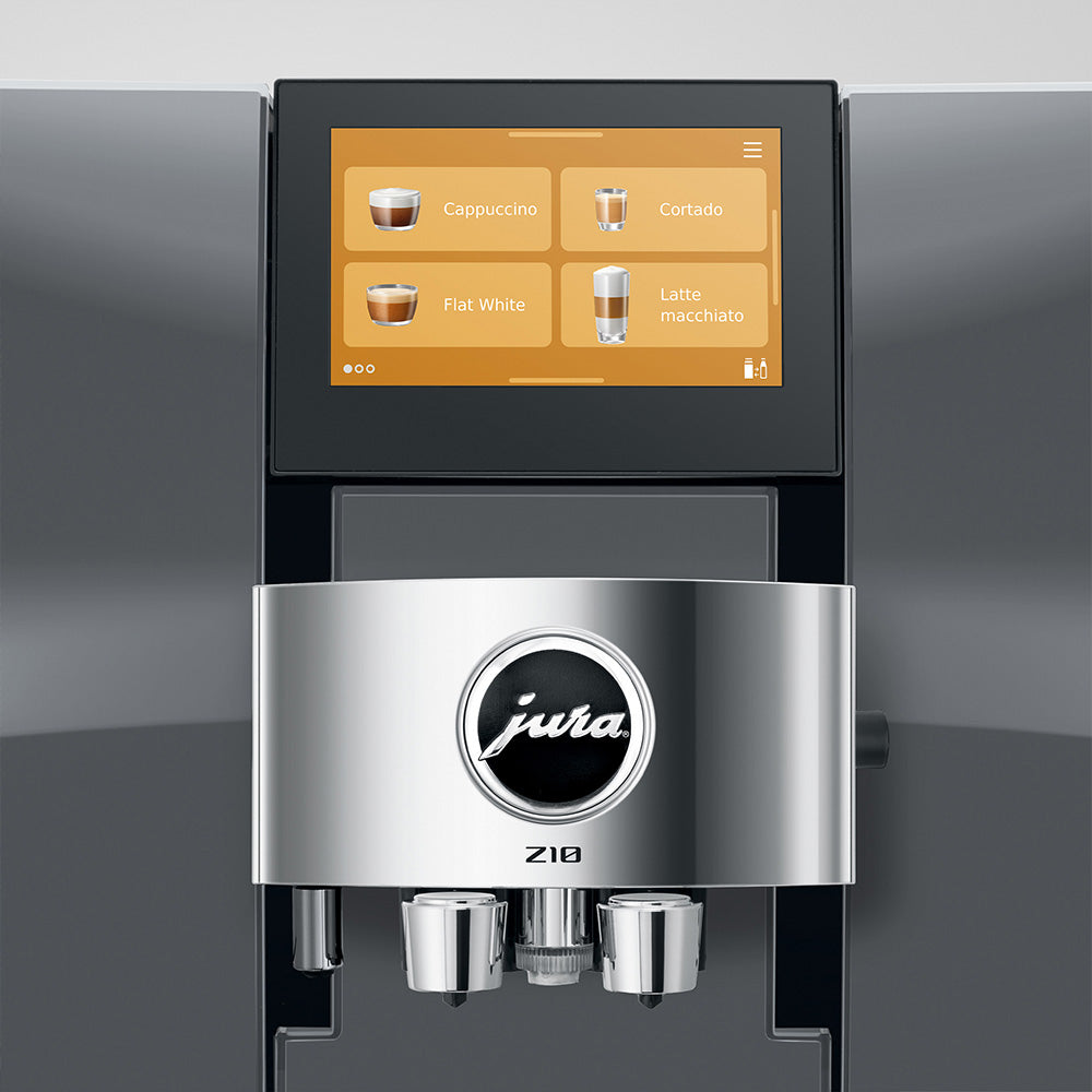 Jura Z10 Gen 2 Diamond Onyx touchscreen showing the coffee worlds