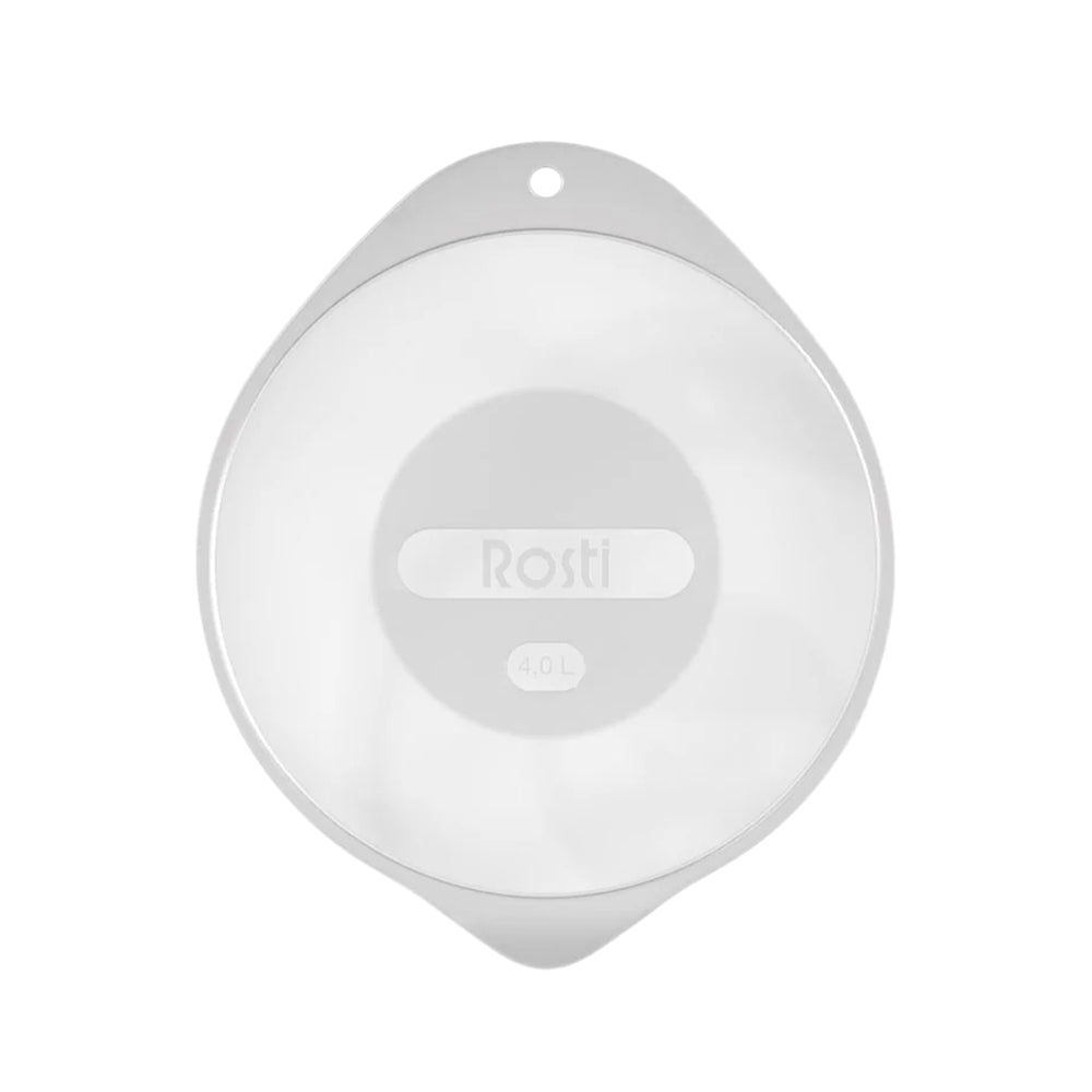 Rosti Margrethe 4L lid, a frosted clear lid with the Rosti logo, seen from above