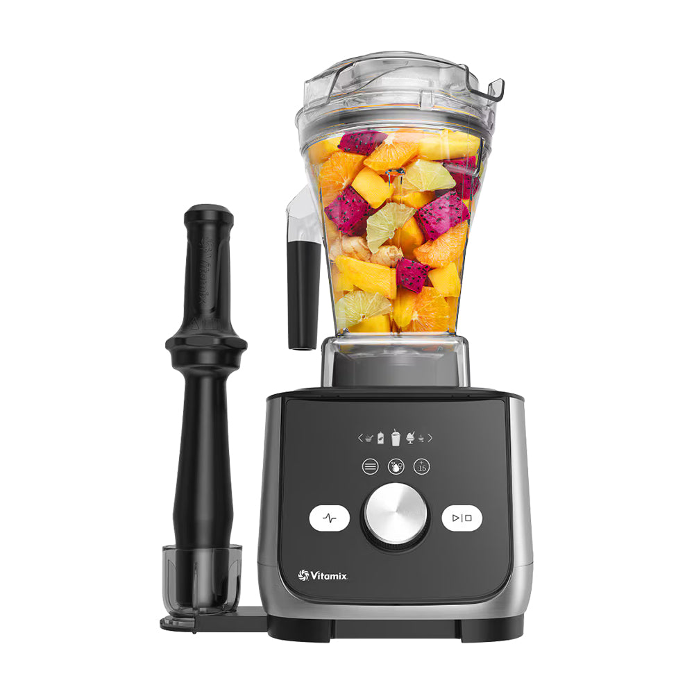 Vitamix Ascent X5 Blender in Brushed Stainless with fresh fruit and the low-profile tamper