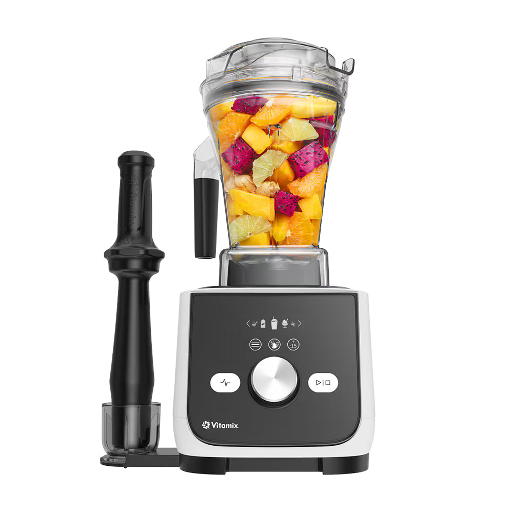 Vitamix Ascent X5 Blender in Polar White with fresh fruit and the low-profile tamper