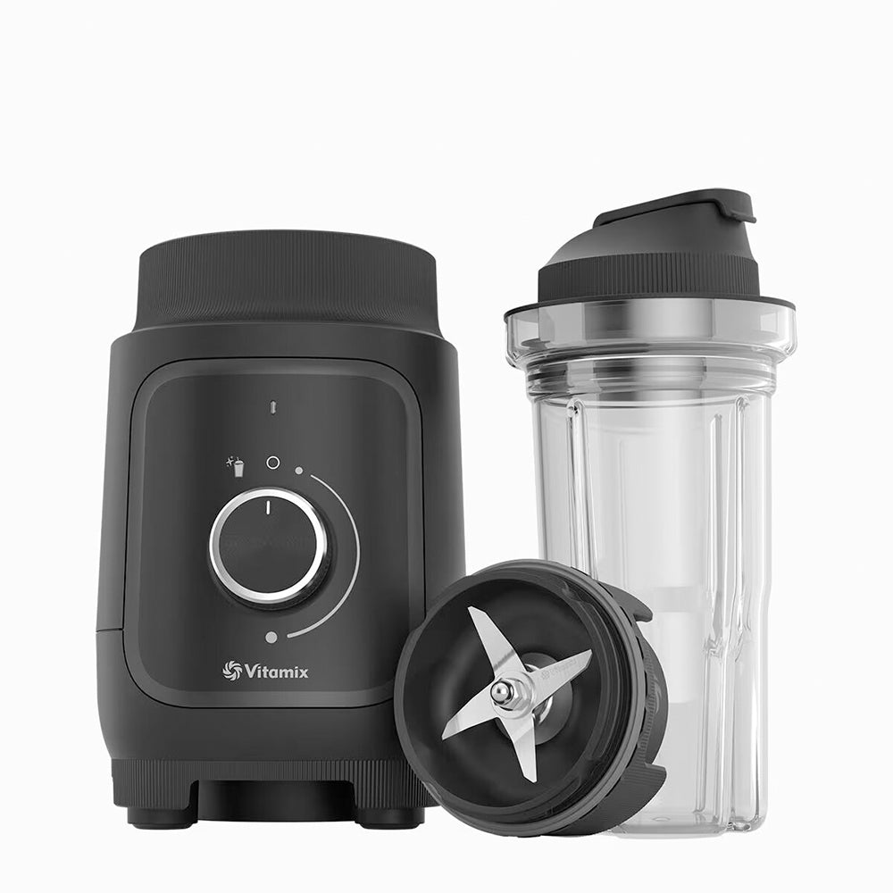 Vitamix Nano Personal Blender in Black with the blade base and a 20 oz cup