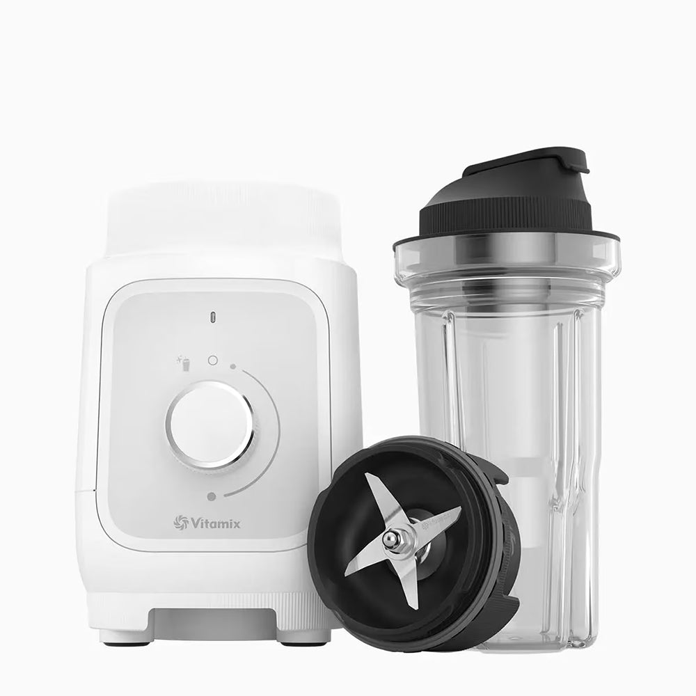 Vitamix Nano Personal Blender in White with the blade base and a 20 oz cup