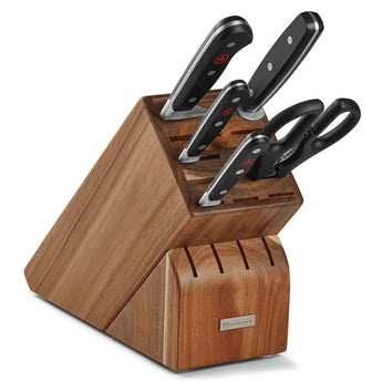 WÜSTHOF CLASSIC 6-Piece Starter Knife Block Set, Acacia, with knives and shears in the block