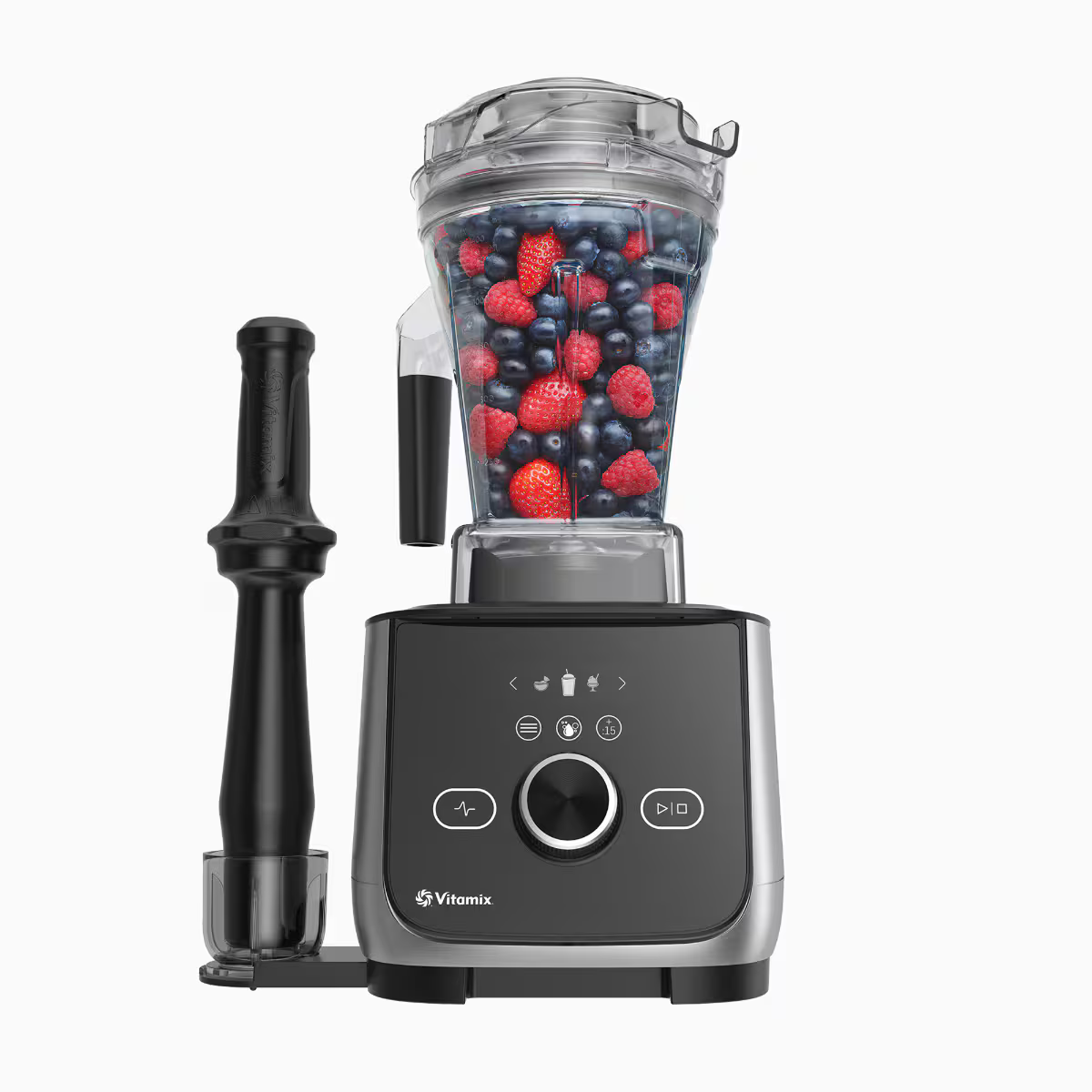 Vitamix Ascent X4 Blender in Brushed Stainless with berries and the low-profile tamper