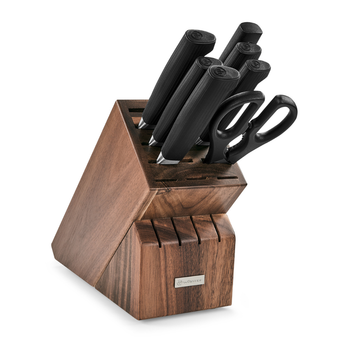 WÜSTHOF PARTNER 8-Piece Knife Block Set, knives and shears in a wooden block, on a white background
