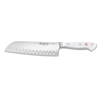 WÜSTHOF CLASSIC 7" Hollow Edge Santoku, White, on a white background