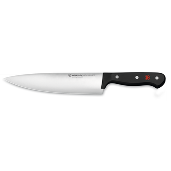 Chef's knife with a black handle on a white background