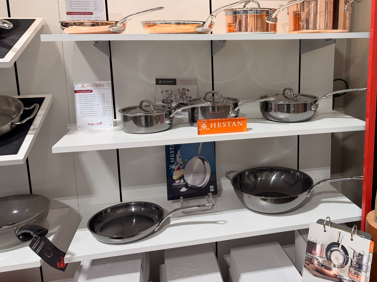 Hestan copper and stainless steel cookware on the shelves at the Design & Grace store in Argyle, Texas