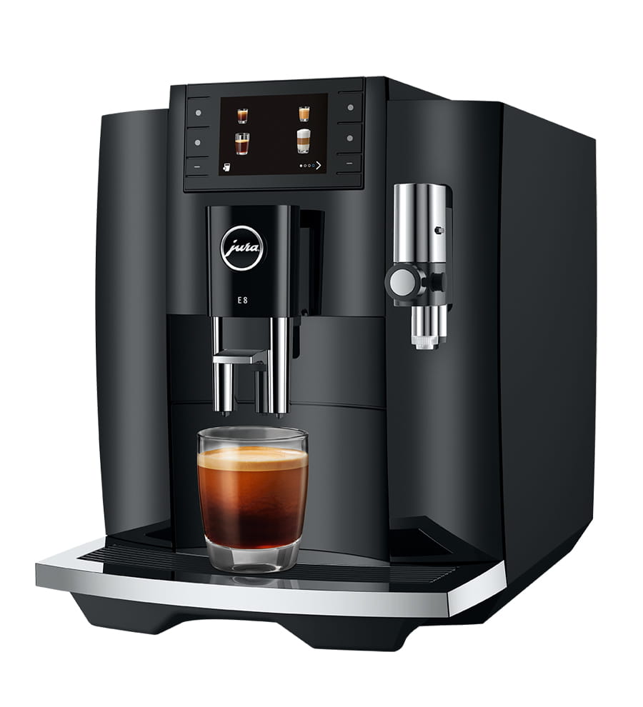 Jura E8 (4th generation) in Piano Black, angled to the left, with a coffee