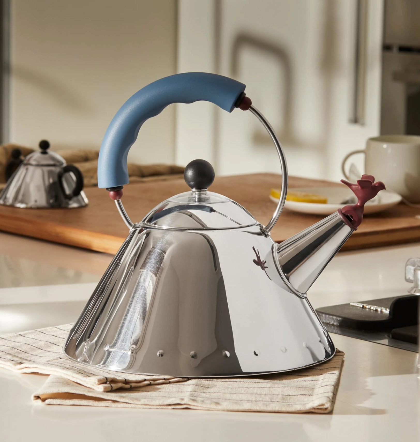 Alessi Michael Graves Whistling Bird Kettle Black Light Blue Bright